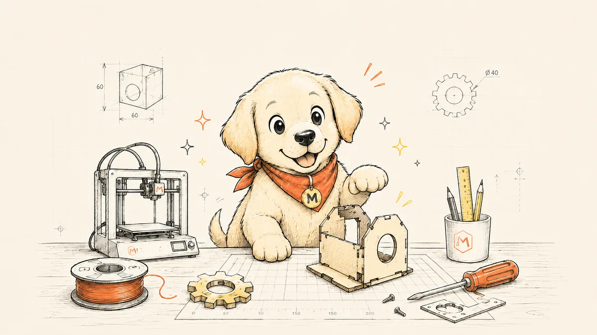 Ilustração do mascote Uóli montando um protótipo de madeira numa bancada de trabalho, ao lado de impressora 3D, engrenagens e ferramentas, em estilo de esboço técnico