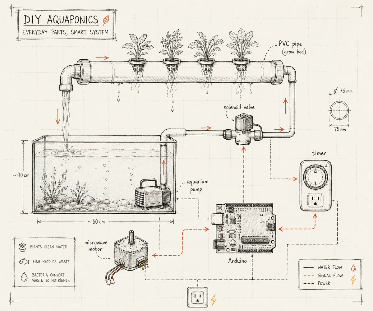 Diagrama em estilo de esboço de um sistema de aquaponia caseiro: cano PVC com plantas, aquário com bomba, válvula solenoide, timer, motor de microondas e placa Arduino, conectados por setas de fluxo de água e de sinal