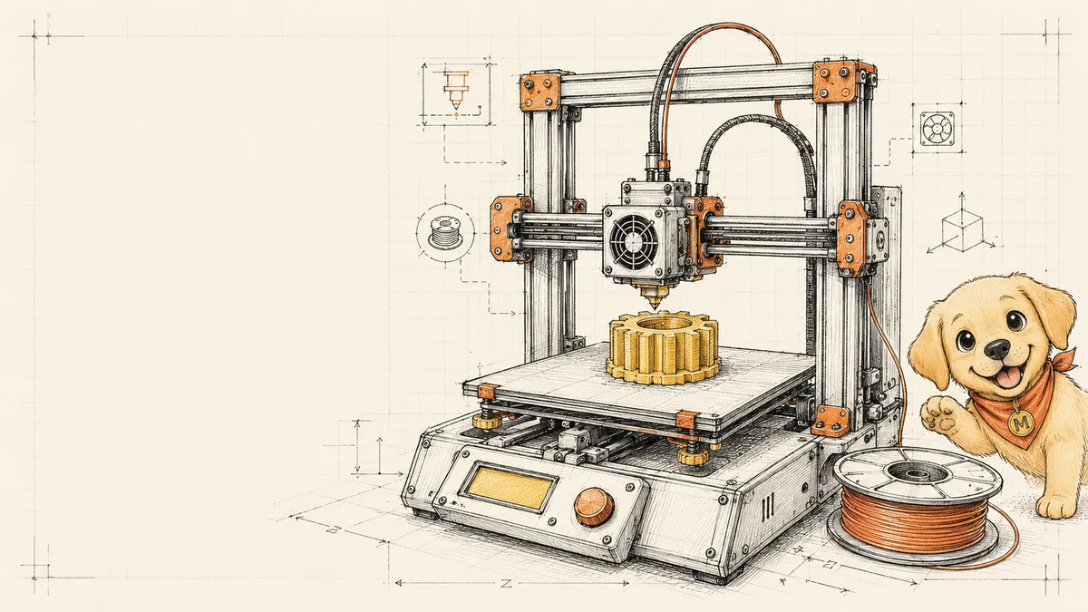 Ilustração em estilo de esboço técnico de uma impressora 3D imprimindo uma engrenagem, com o mascote Uóli ao lado de um rolo de filamento