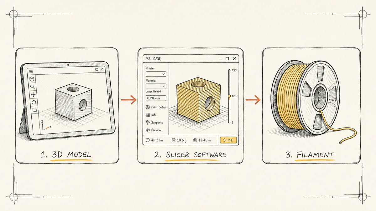 Ilustração dos três insumos da impressão 3D em sequência: um modelo 3D na tela de um tablet, a janela de um software de fatiamento e um rolo de filamento