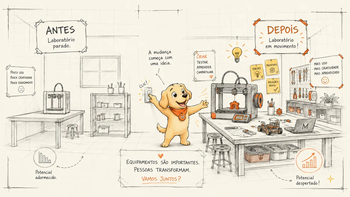 Ilustração de um laboratório maker em atividade, com o mascote Uóli de braços abertos entre bancadas, impressoras 3D e um painel de ferramentas