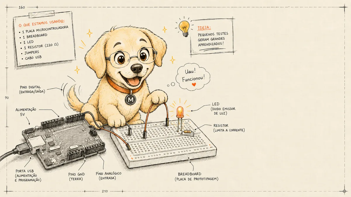Ilustração do mascote Uóli de óculos conectando fios de uma placa Arduino a um LED aceso numa protoboard