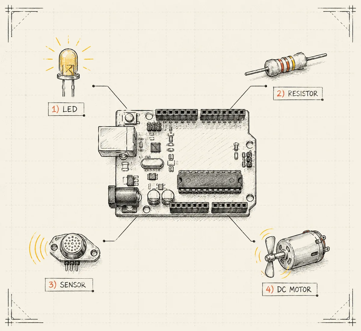 Ilustração da anatomia de uma placa Arduino no centro, com quatro componentes ligados por linhas numeradas: LED, resistor, sensor e motor DC
