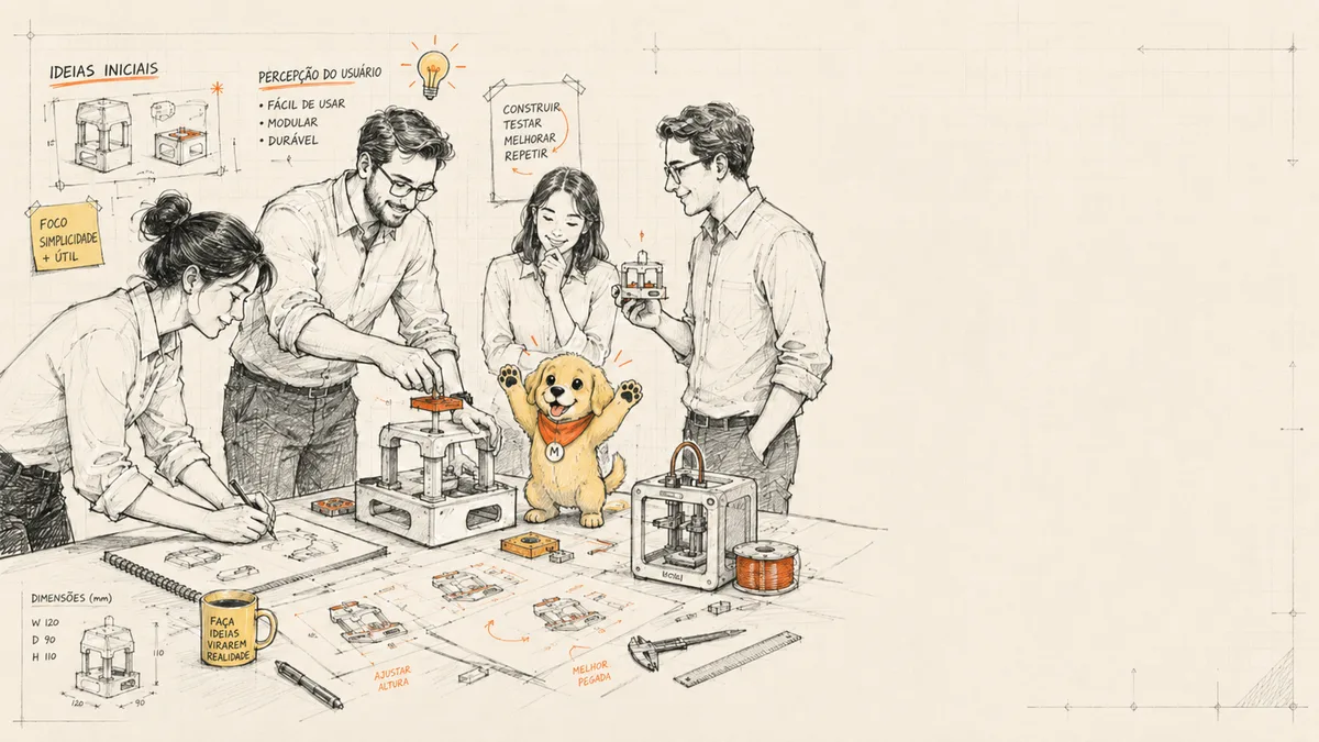 Ilustração de uma equipe de quatro pessoas prototipando em volta de uma mesa cheia de desenhos técnicos, com o mascote Uóli no centro