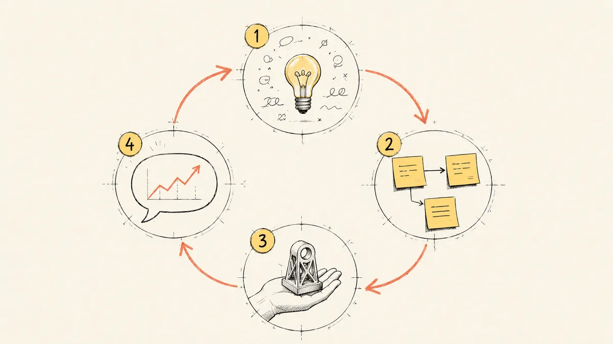 Ilustração do ciclo de prototipagem em equipe: quatro etapas em sequência — brainstorm, ideação, protótipo e apresentação — em volta de uma mesa com o time trabalhando junto