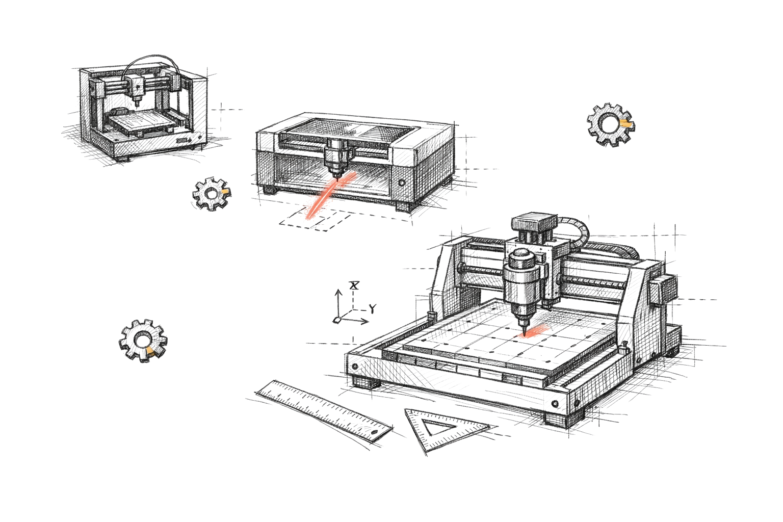 Esboço técnico de impressora 3D, cortadora a laser e router CNC