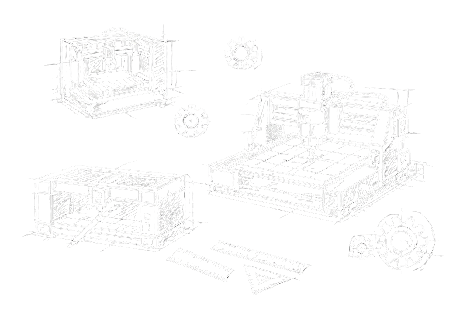 Esboço técnico de impressora 3D, cortadora a laser e router CNC com engrenagens e réguas