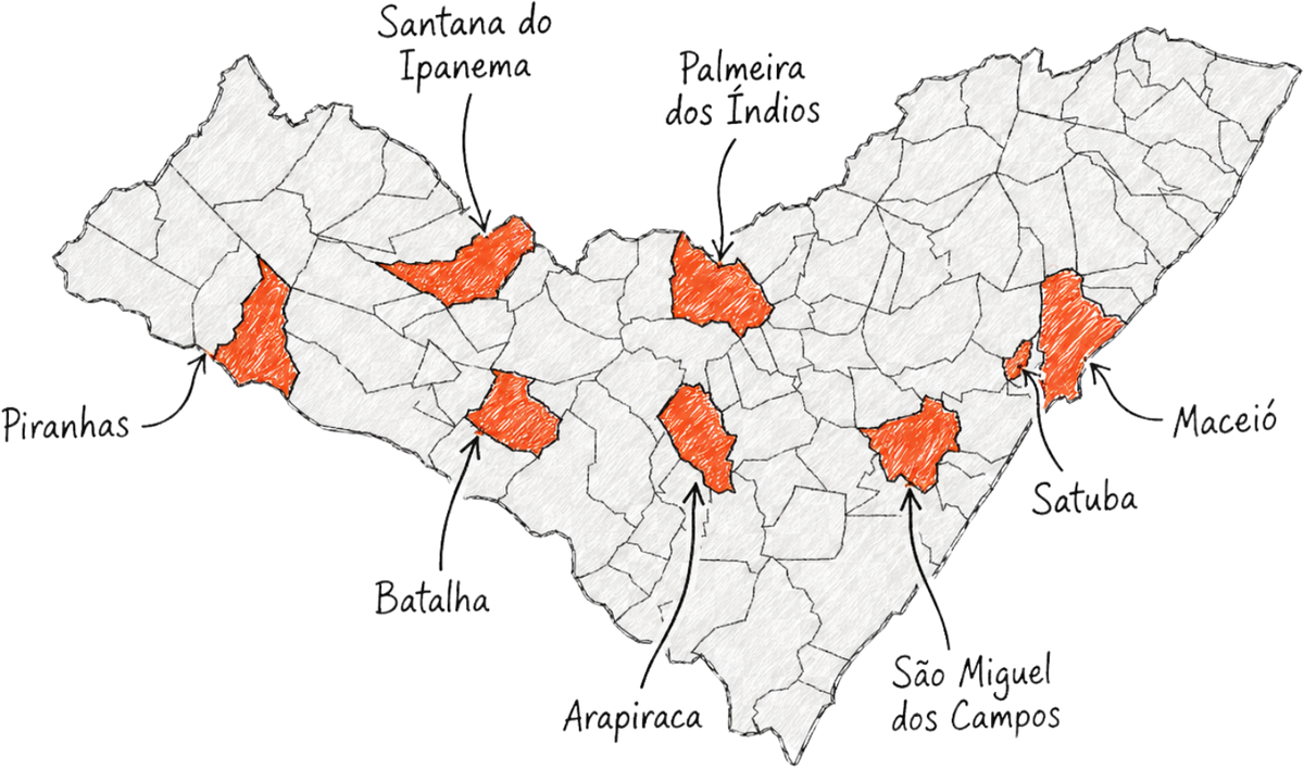Mapa ilustrado de Alagoas com os municípios destacados onde Matheus já levou oficinas e palestras