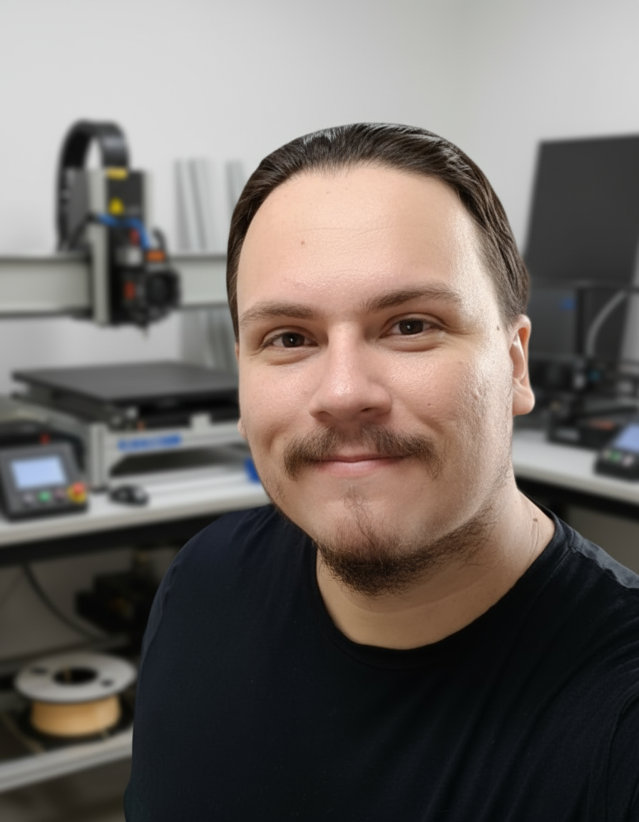 Matheus Melo no seu espaço maker, com impressora 3D e cortadora a laser ao fundo